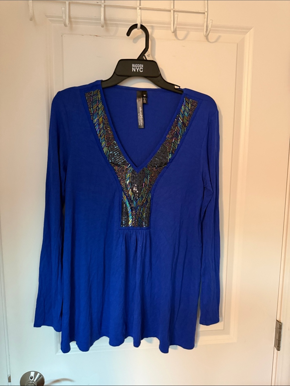 Madden NYC Royal Blue V-Neck Tunic with Beaded Yoke